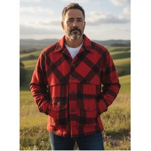 VTG FILSON USA 50 XXL 100% Wool Double Mackinaw Jacket Cruiser Red Black